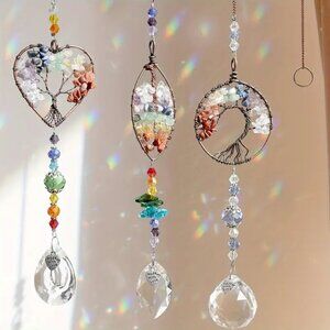 Set of 3 - Tree Of Life Heart, Round, Oval Shaped Suncatchers - Chakra Stones